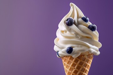 close-up photo of white vanilla ice-cream waffle cone with fresh blueberries in it, isolated on purple background