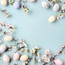 Spring Design With Colorful Easter Eggs And Flowering Branches On A Light Blue Background, Suitable For An Easter Card Or Decorative Element.