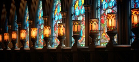 Poster - A row of stained glass windows with lamps in front. Generative AI.