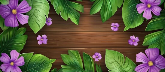 Wall Mural - Purple flowers with green leaves stand out against a rustic wooden background, creating a beautiful contrast of colors in nature