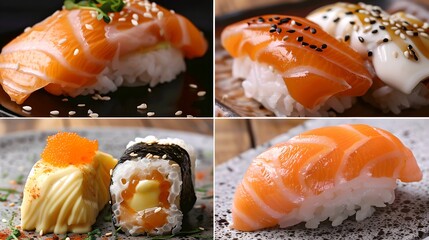 Wall Mural - Delectable Sushi Selection in a Modern Collage. Fresh Cuisine, Culinary Delights. Perfect for Menu Designs. AI