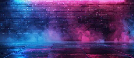 Poster - A brick wall emitting neon lights and smoke, creating a surreal atmosphere with vibrant hues of purple, violet, pink, magenta, and electric blue against the sky and horizon