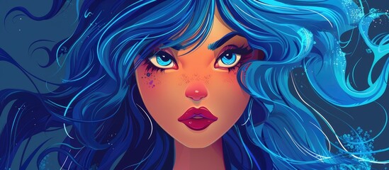 Poster - A cartoon painting of a girl with electric blue hair, red lips, and a radiant smile. Her violet iris and long eyelashes add to the arts vibrant gesture