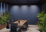 Fototapeta  - Empty blue office wall mockup at night with modern wooden furnitures and plants. 3D rendering