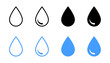Waterdrop vector icon set. Rain drip liquid logo. Droplet sign. Tear and oil isolated symbol. Simple blue splash mark.