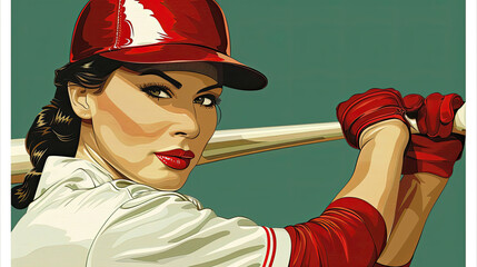 A woman in a baseball uniform is holding a bat and wearing a red cap