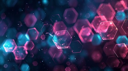 Futuristic Hexagonal Neon Bokeh Lights on Dark Background. Gglowing hexagonal neon bokeh lights against a dark backdrop, ideal for cutting-edge designs