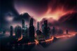 AI generated illustration of a futuristic city with high buildings under the purple clouds