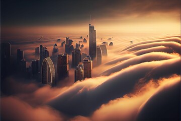 Wall Mural - AI generated illustration of the modern city with skyscrapers on a foggy day