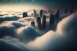 AI-generated illustration of skyscrapers hidden in clouds.