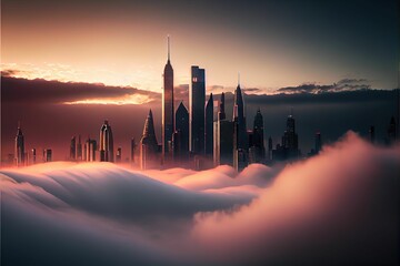 Wall Mural - AI generated illustration of the modern city with skyscrapers on a foggy day