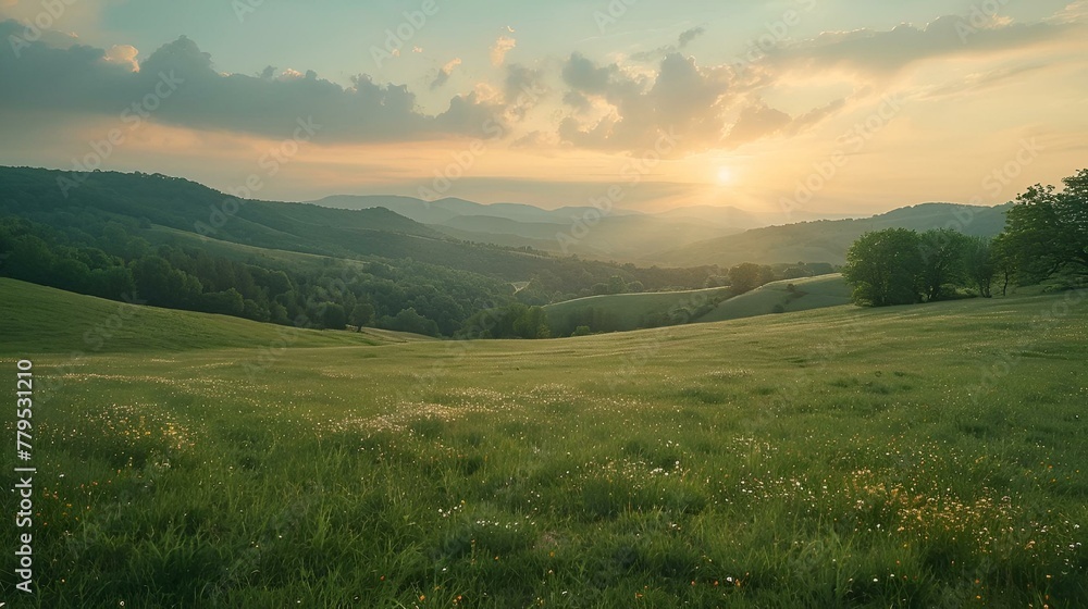 Sunrise over trees in a green field with rolling hills, AI-generated ...