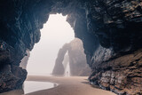Fototapeta Morze - Man standing under natural arch on Cathedrals beach in Galicia, Spainn. Tourist silhouette in foggy landscape with Playa de Las Catedrales Catedrais beach in Ribadeo, Lugo on Cantabrian coast