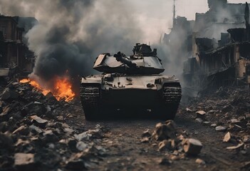Wall Mural - a tank rolls through the rubble in a town filled with old buildings