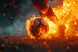 Soccer Player Kicking Ball in Front of Fire. Generative AI