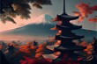 AI generated illustration of a Japanese style building before Mount Fuji and colorful trees