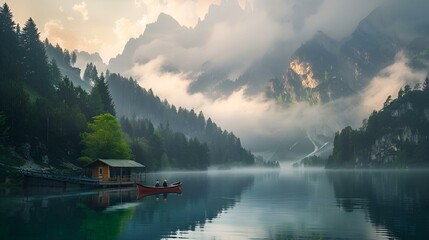 Poster - a boat is sitting on the water surrounded by trees and fog