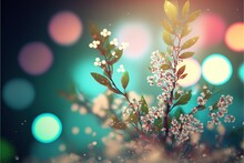 AI Generated Illustration Of A Branch With Tiny White Flowers On A Colorful Bokeh Background