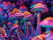 A psychedelic experience illustrated with vivid colors and patterns emanating from a cluster of magic mushrooms