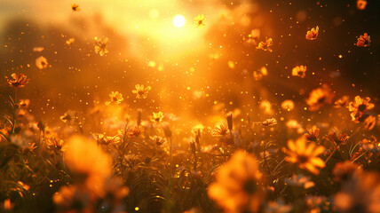 Wall Mural - A field of yellow flowers with a bright sun shining down on them