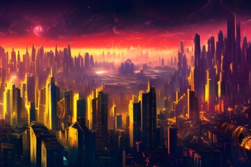 Canvas Print - AI generated illustration of a dystopian city skyline with glowing beautiful lights