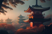 AI Generated Illustration Of A Japanese Style Painting With Landscapes And A Traditional Building
