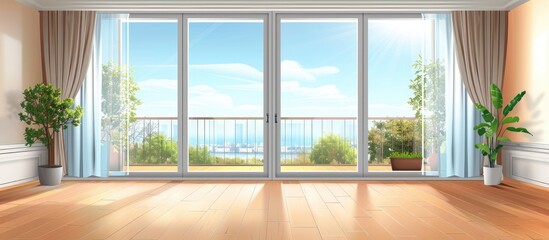 Sticker - An empty living room in a house with a balcony and sliding glass doors, featuring wood flooring, indoor plants, and a fixture that casts shadows on the cloudy sky