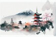 AI generated illustration of a Japanese temple in a dreamy spring landscape - a cultural concept