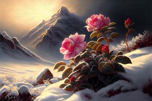 AI-generated Illustration Of The Pink Roses In The Snow-covered Mountainous Field