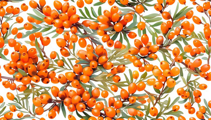 Sticker - Vibrant illustration of sea buckthorn branches with orange berries, ideal for autumn-themed designs and Thanksgiving holiday backgrounds