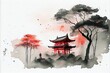 AI generated illustration of a Japanese shrine in a dreamy autumn landscape - a religious concept