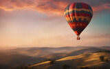 Fototapeta Las - Hot air balloon in the sky at dawn against a soft, pastel background, symbolizing freedom and adventure