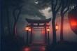 AI generated illustration of hyper-realistic torii gates and lit lanterns in the evening