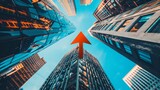 Fototapeta  - An arrow soaring upwards against a backdrop of skyscrapers symbolizes the trajectory of business growth in a thriving urban landscape  AI generated illustration
