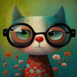 AI generated illustration of a cute cat wearing a pair of glasses on a greenish background
