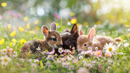 Cute animals playing in a flower-filled meadow  AI generated illustration