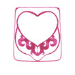 Label with copy space for text in the shape of a heart, decorated with a pink ornament in a retro style. Hand drawn watercolor painting on white background