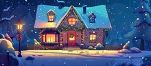An Illustrated Cartoon Of A Building Decorated For Christmas With Colorful Lights In The Snow, Showcasing A Cozy House Facade With Electric Blue Lights Shining Through The Windows And Door