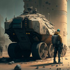 Wall Mural - AI generated illustration of a combat fiction machine with soldiers, can be used for video games