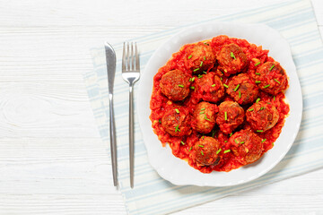 Wall Mural - Albondigas, mexican meatballs on plate, top view