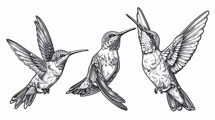Wall Mural - Hand-drawn black and white ink illustration of a hummingbird on a tropical background.