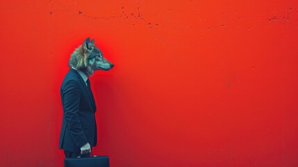 portrait of a business man with a wolf head in suit, trading and stock investment concept