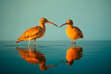 AI-generated Illustration Of A Pair Of Orange Birds In A Tranquil Lake.