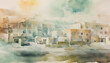 Watercolor painting of a hazy, sunlit Mediterranean town, ideal for themes like summer vacations, artistic expression, and European travel destinations