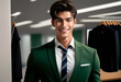 Handsome young man with a cheerful expression wearing a stylish green suit in a modern boutique, ideal for fashion retail and job interview concepts