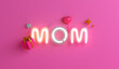 Happy mothers day decoration background with gift box, neon text mom, copy space text, 3D rendering illustration