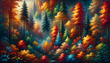 Photo Real As Autumn Tapestry A Tapestry Of Autumn Foliage In Vibrant Hues Paints The Forest. In Nature And Landscapes Theme ,for Advertisement And Banner ,Full Depth Of Field, High Quality ,include C