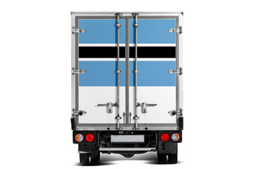 A truck with the national flag of  Botswana depicted on the tailgate drives against a white background. Concept of export-import, transportation, national delivery of goods