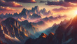 Photo real as Mountain Majesty Majestic peaks painted in sunrise hues invite adventure. in nature and landscapes theme ,for advertisement and banner ,Full depth of field, high quality ,include copy sp