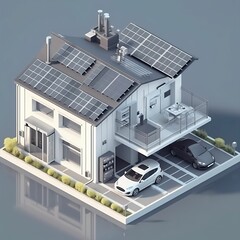 AI generated illustration of two cars parked in front of a building with solar panels on the rooftop